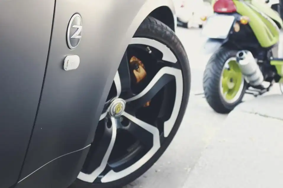 Close-up of a car wheel and tire